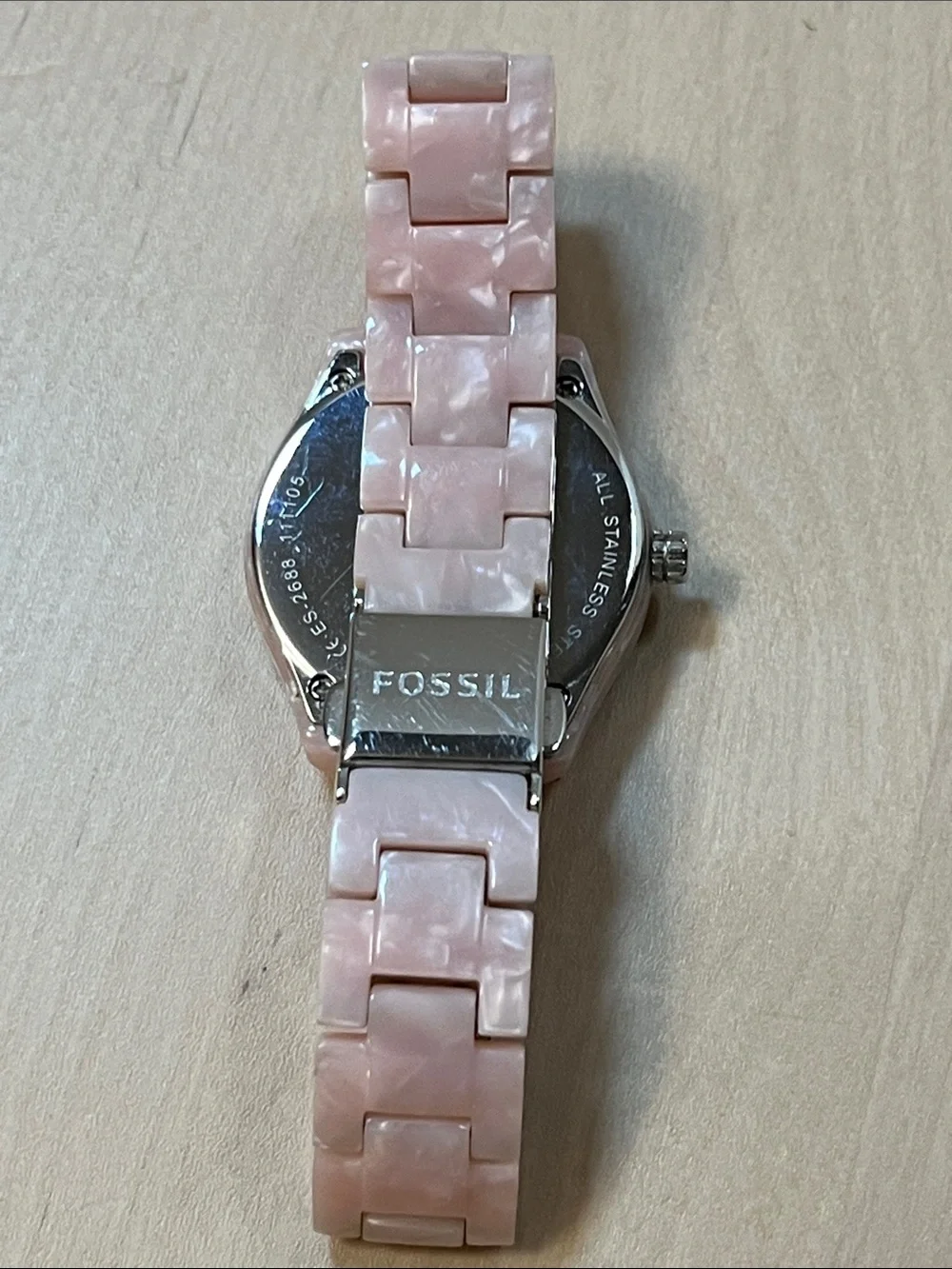 Fossil ES2688 Pave Bezel White Face Analog Watch & Pink Pearly Plastic Band